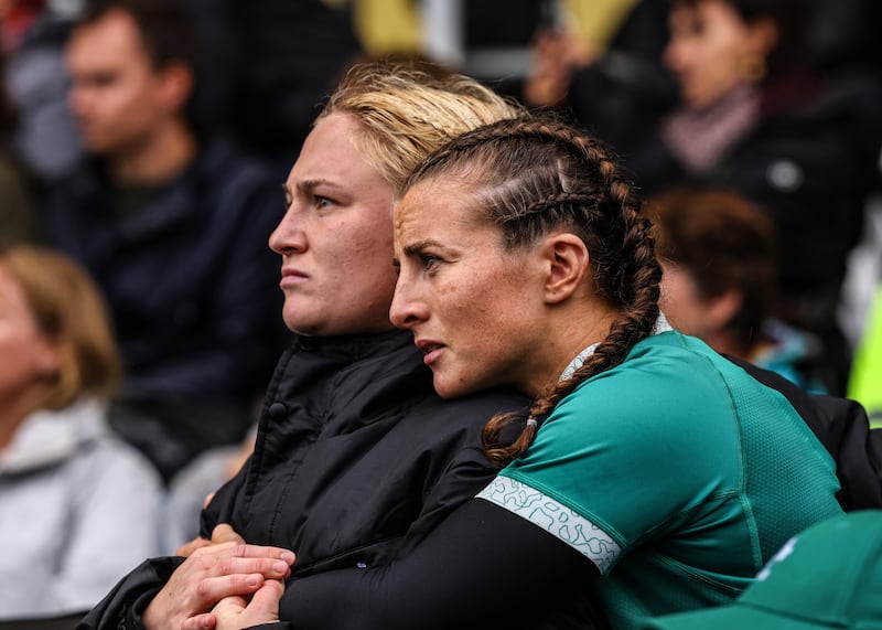 Ireland's Neve Jones and Emily Lane watch during the final minute of the game at Sandy Park. Photograph: Ben Brady 