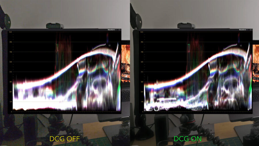 Pixel 10 Pro 12-bit RAW video with DCG on vs. DCG off - waveforms