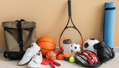 Various sports equipment gathered.