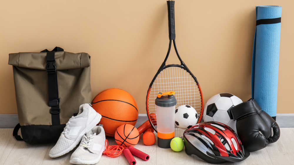 Various sports equipment gathered.
