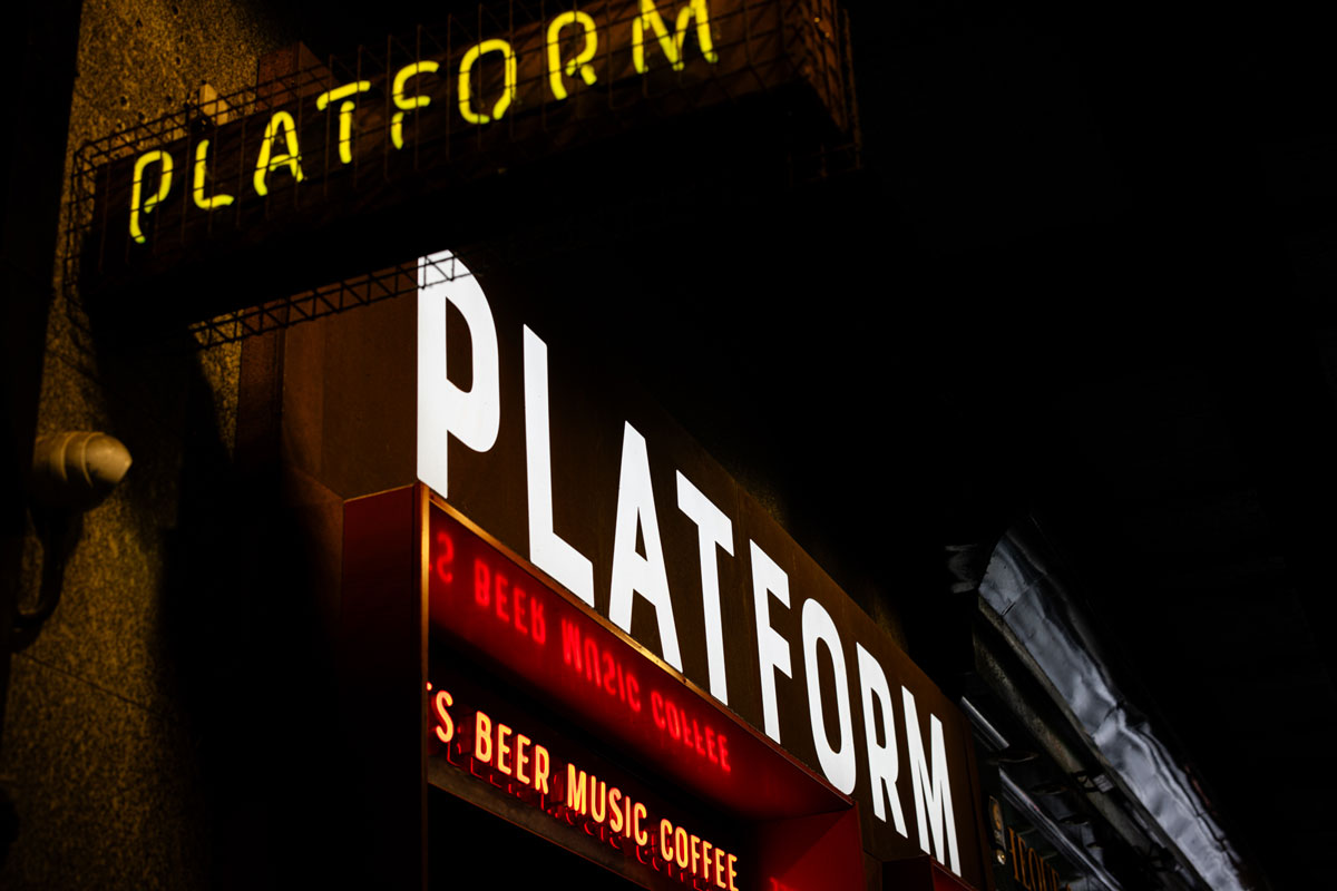 Neon signage outside a venue