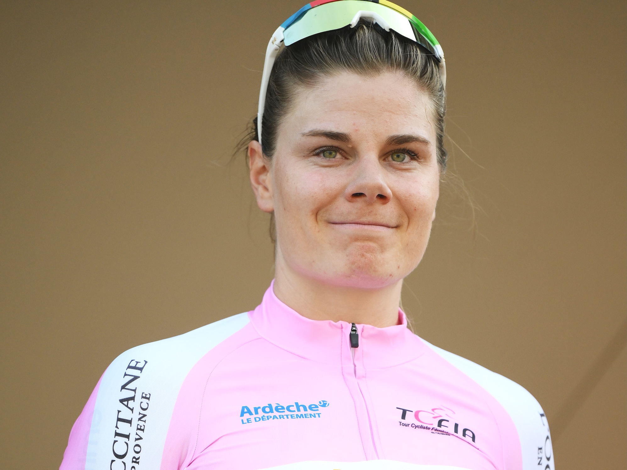 LAUDUN-L&rsquo;ARDOISE, FRANCE - SEPTEMBER 09: Lotte Kopecky of Belgium and Team SD Worx - Protime celebrates at podium as Pink Leader Jersey during the 23rd Tour Cycliste Feminin International de l'Ardeche 2025, Stage 1 a 127.5km stage from Laudun-l&rsquo;Ardoise to Laudun-l&rsquo;Ardoise on September 09, 2025 in Laudun-l&rsquo;Ardoise, France. (Photo by Alex Broadway/Getty Images)