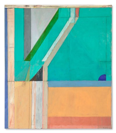 An abstract painting showing various lines and shapes in turquoise, pale orange, cream, green, and white, and more. 