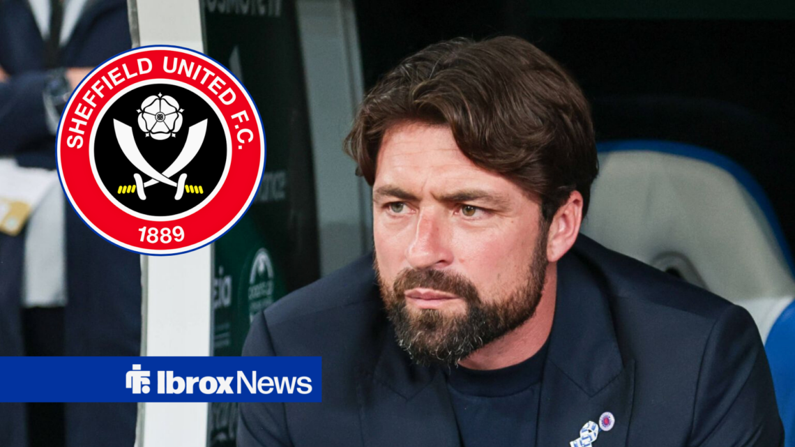 Rangers manager Russell Martin and Sheffield United badge in corner