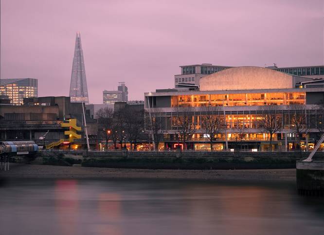 Shot of the Royal Festival Hall (right) and the Shard (left) in London