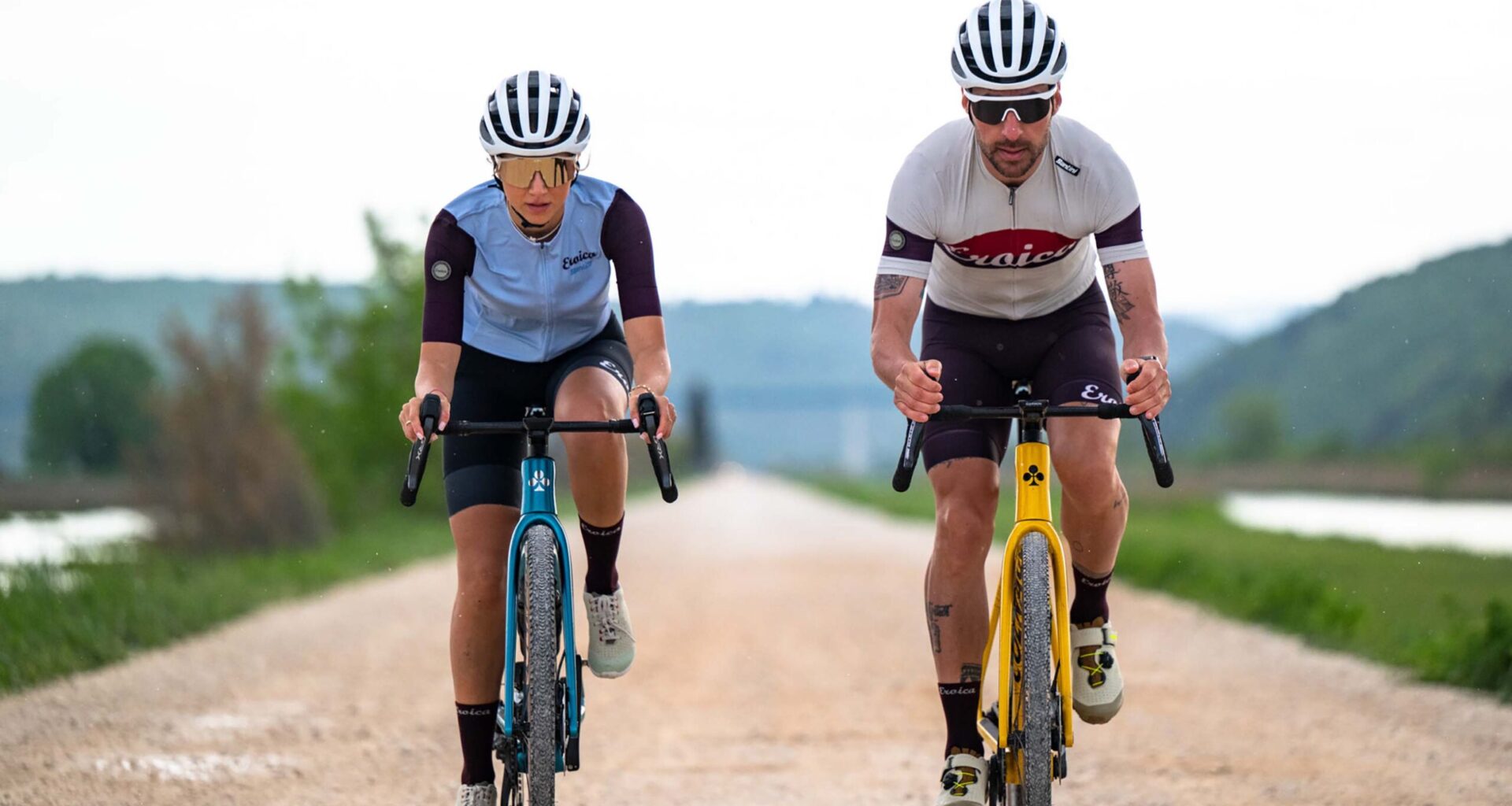 cyclist riding in vintage-style Eroica jerseys from Santini