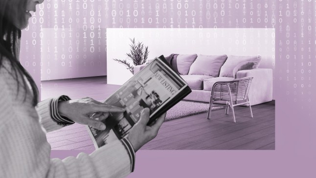 A renter looks at a property listing, with a picture of a sofa in the background.