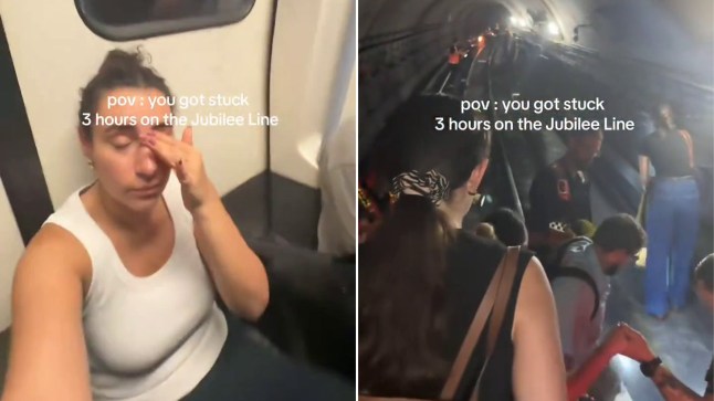A screengrab of a Tiktok video showing a woman sat on the Tube train floor before passengers are evacuated from a broken train on the London Underground.