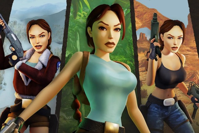 A collage of Tomb Raider video game character Lara Croft posing with a gun