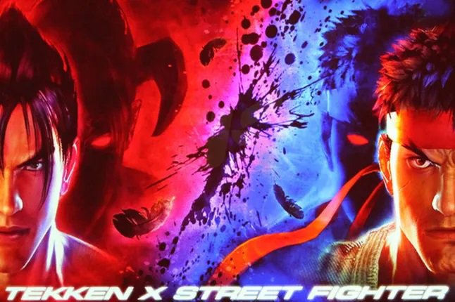 Tekken X Street Fighter art of Jin and Ryu's faces with shadowy copies of them standing behind them