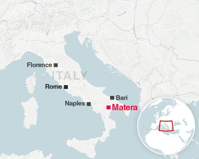 A map showing the location of Matera in Italy, at the 'heel' of the country's boot, in relation to Rome, Florence, Venice and Milan.