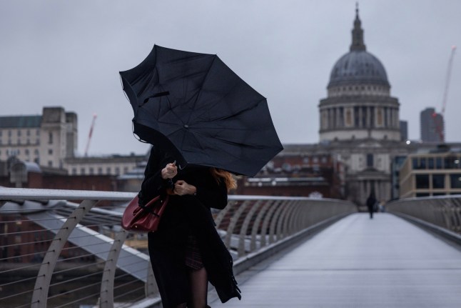 LONDON, UNITED KINGDOM - JANUARY 06: A woman's umbrella is turned inside out by the wind on Millennium Bridge on January 06, 2025 in London, United Kingdom. The Met has issued a yellow weather warning for rain across southern parts of England, as storms bring more wintery wet weather into Monday. (Photo by Dan Kitwood/Getty Images)