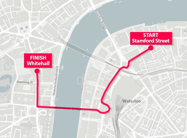 A map shows the planned Tommy Robinson free speech march in London today, Saturday September 13