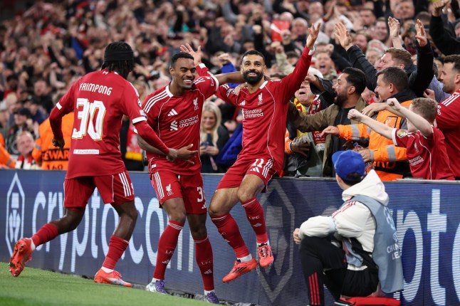 LIVERPOOL, ENGLAND - SEPTEMBER 17: Mohamed Salah of Liverpool celebrates scoring the second goal during the UEFA Champions League 2025/26 League Phase MD1 match between Liverpool FC and Atletico de Madrid at Anfield on September 17, 2025 in Liverpool, England. (Photo by Marc Atkins/Getty Images)