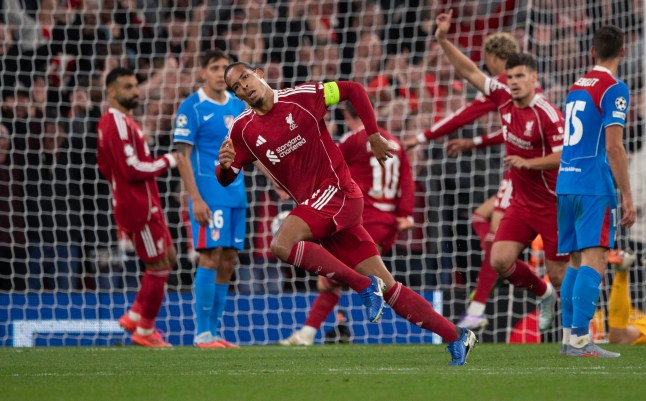 LIVERPOOL, ENGLAND - SEPTEMBER 17: Virgil van Dijk of Liverpool celebrates after scoring the third and winning goal during the UEFA Champions League 2025/26 League Phase MD1 match between Liverpool FC and Atletico de Madrid at Anfield on September 17, 2025 in Liverpool, England. (Photo by Visionhaus/Getty Images)