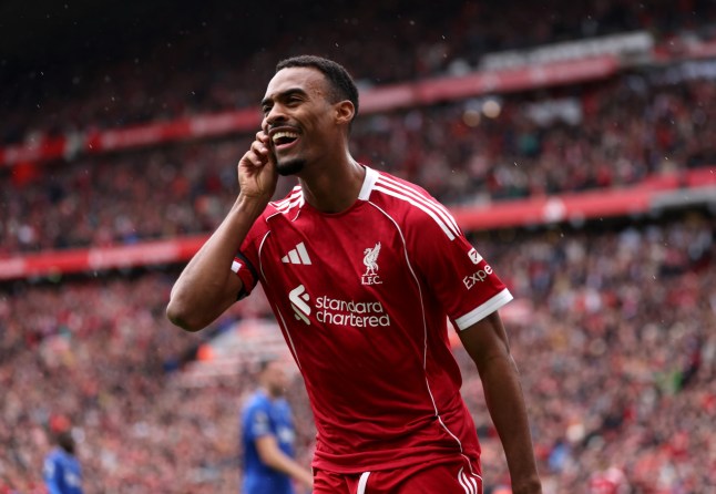 LIVERPOOL, ENGLAND - SEPTEMBER 20: (THE SUN OUT, THE SUN ON SUNDAY OUT) Ryan Gravenberch of Liverpool celebrates scoring his team's first goal during the Premier League match between Liverpool and Everton at Anfield on September 20, 2025 in Liverpool, England. (Photo by Liverpool FC/Liverpool FC via Getty Images)
