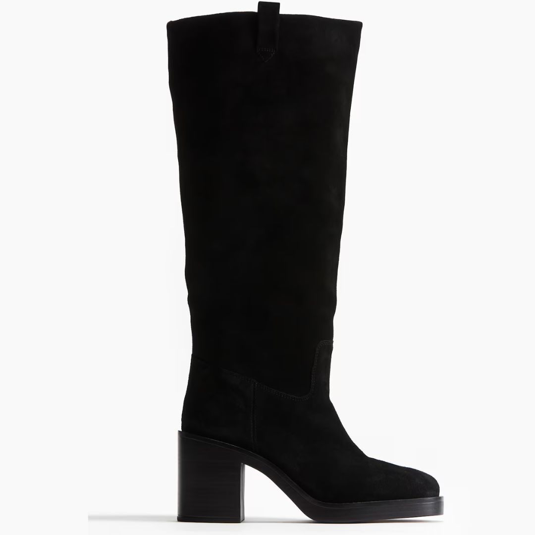 H&amp;M Black Block Heel Knee High Suede Boots