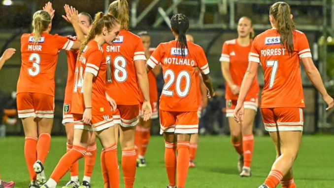 Glasgow City players celebrate after scoring a goal.