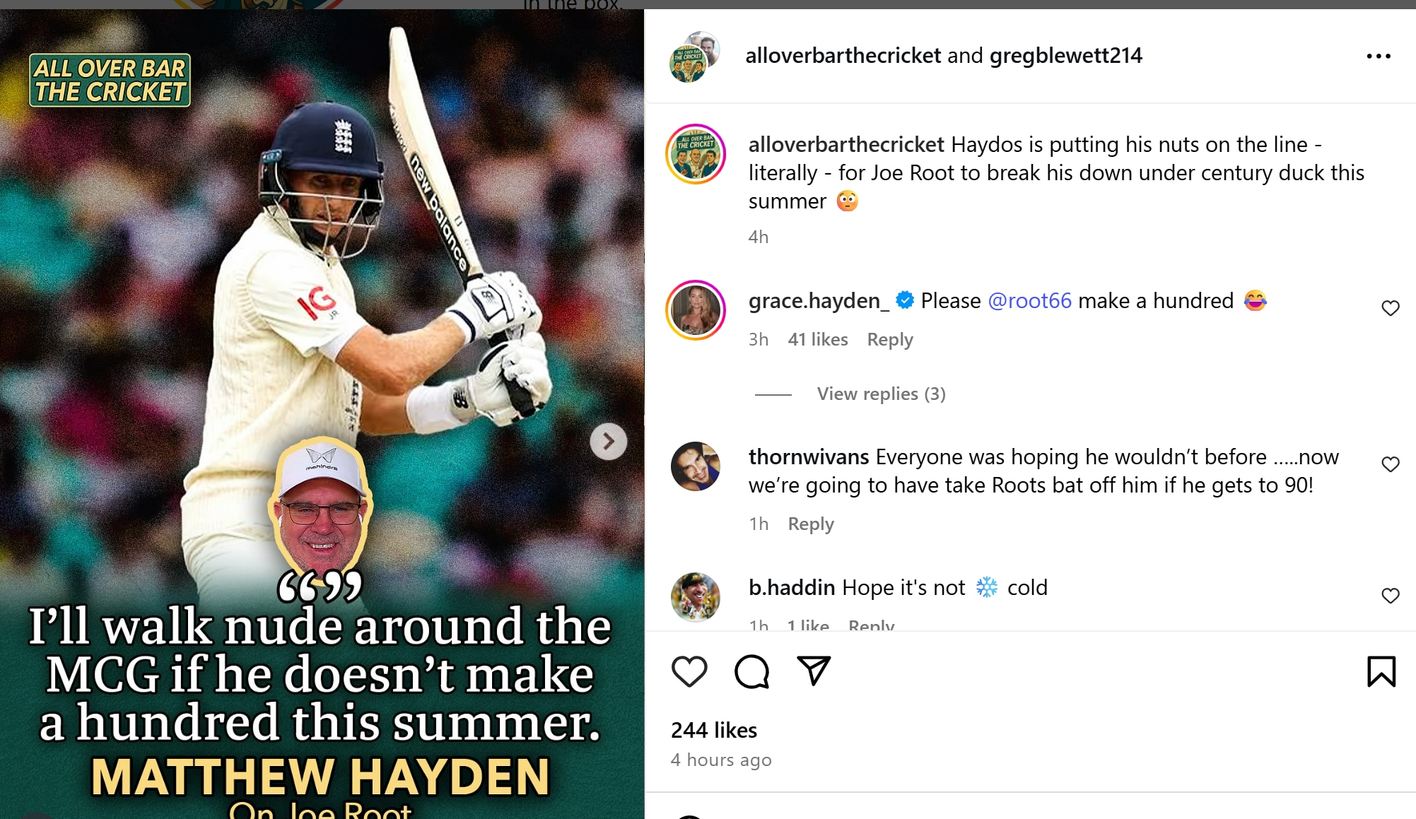 Grace Hayden's comment, begging Joe Root to score a century
