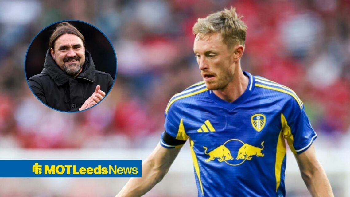 Sean Longstaff in Leeds away kit with Daniel Farke in circular inset