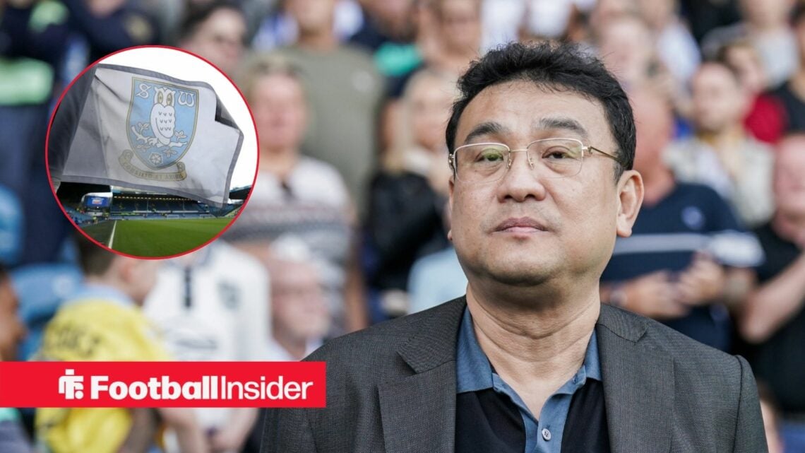 A Sheffield Wednesday flag in a circular frame alongside an image of owner Dejphon Chansiri