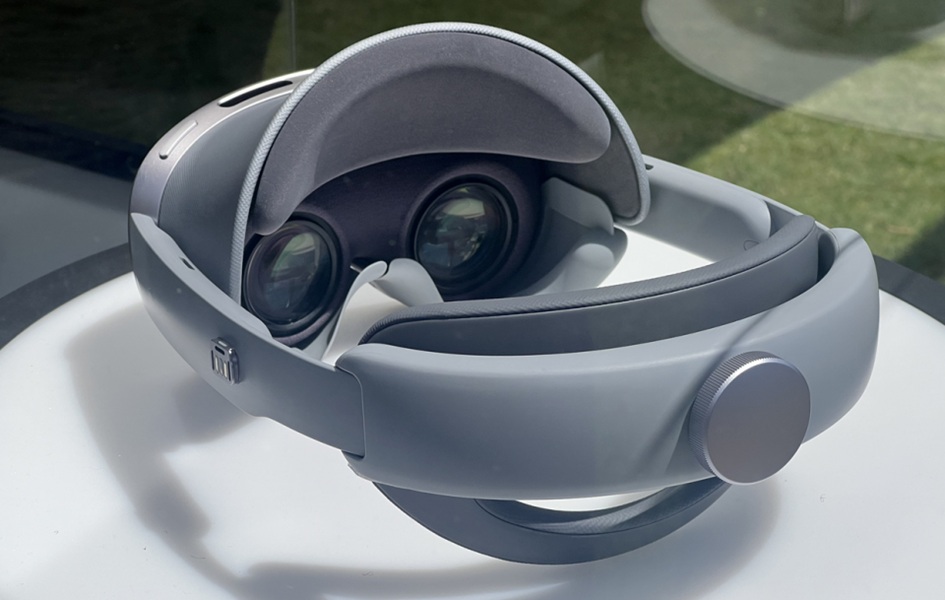 A snapshot of Samsung's XR headset, Project Moohan, in a glass display case at Qualcomm's Snapdragon Summit 2025.