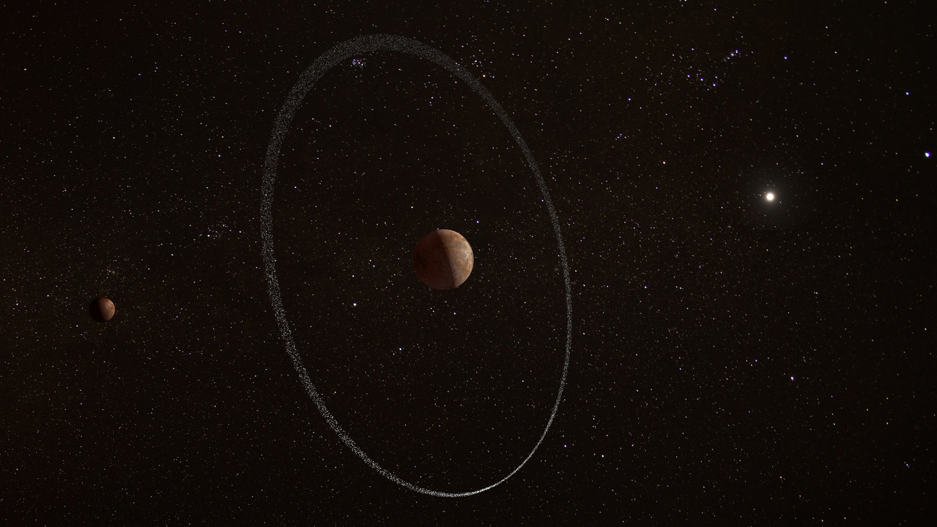 A small planet with a large ring around it in the darkness of space.