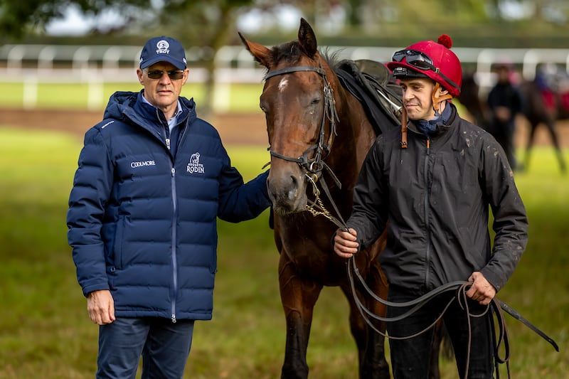 Aidan O’Brien at his yard alongside Mark Crehan and Delacroix, who is primed for the Champion Stakes. Photograph: Morgan Treacy/Inpho
