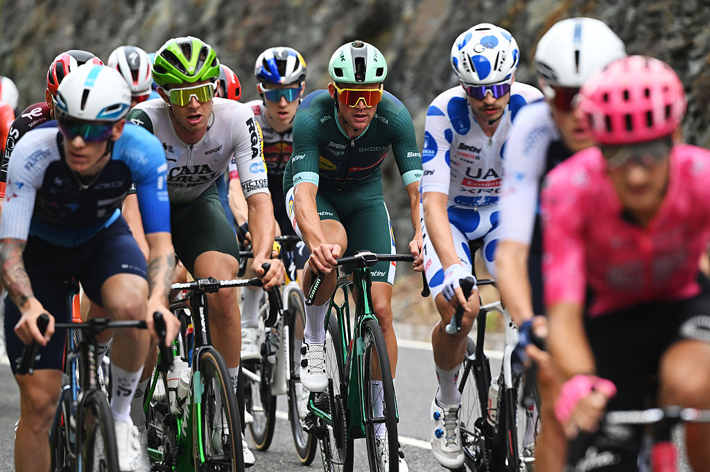 MONFORTE DE LEMOS, SPAIN - SEPTEMBER 07: Mads Pedersen of Denmark and Team Lidl - Trek - Green Points Jersey competes in the breakaway during the La Vuelta - 80th Tour of Spain 2025, Stage 15 a 167.8km stage from A Veiga-Vegadeo to Monforte de Lemos / #UCIWT / on September 07, 2025 in Monforte de Lemos, Spain. (Photo by Dario Belingheri/Getty Images)
