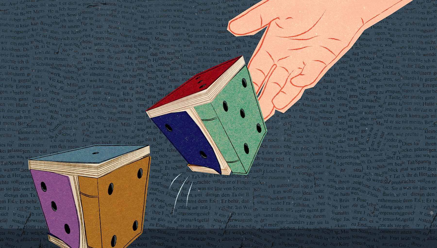 An illustration of a hand rolling dice that are made up of books in front of a dark blue background made up of text
