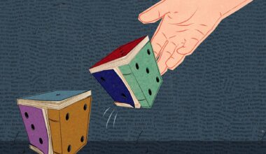 An illustration of a hand rolling dice that are made up of books in front of a dark blue background made up of text