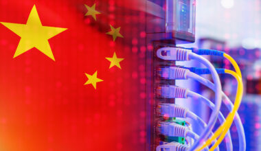 Chinese national flag superimposed against Ethernet cabling