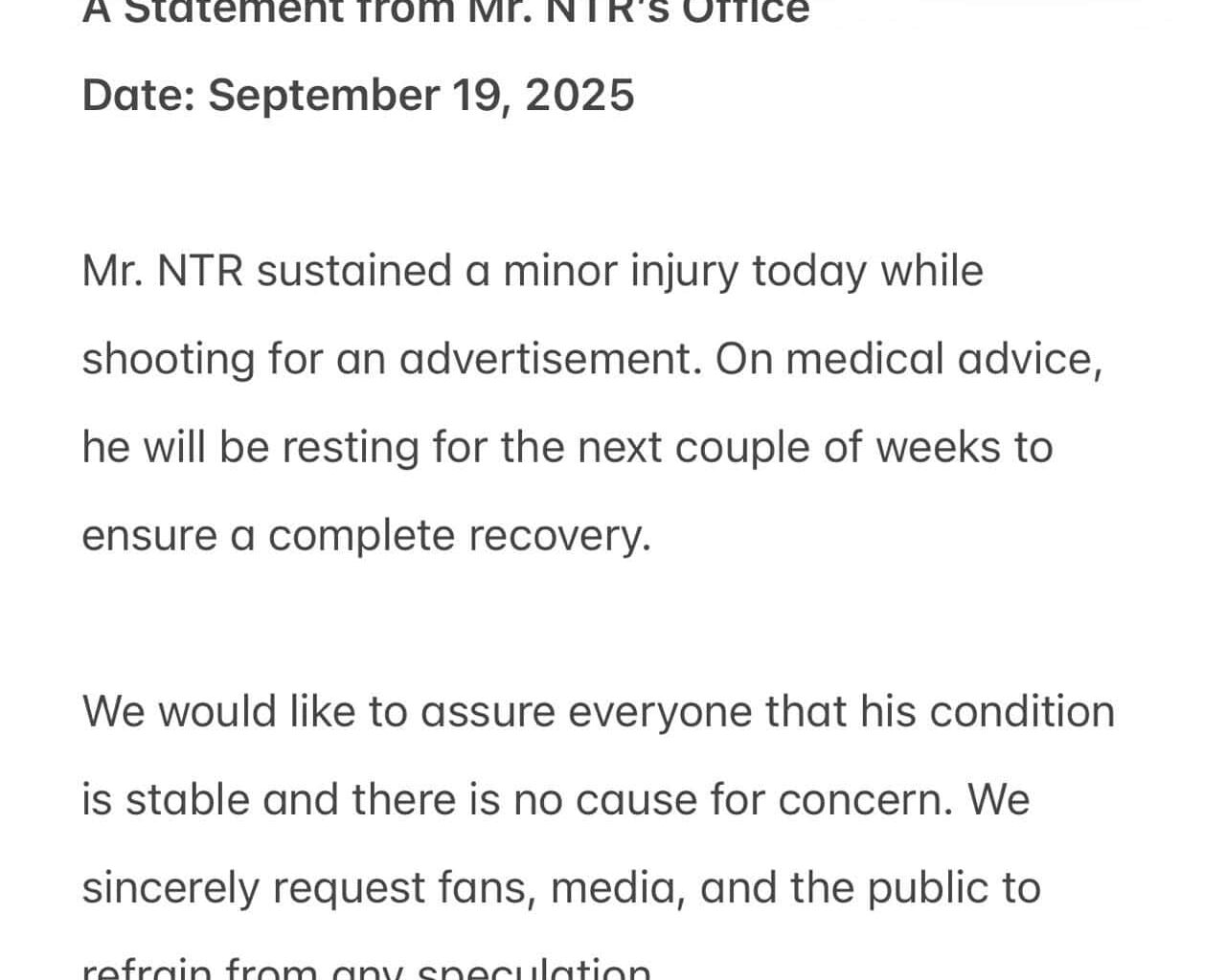 NTR Sustains Minor Injury, To Rest for Two Weeks