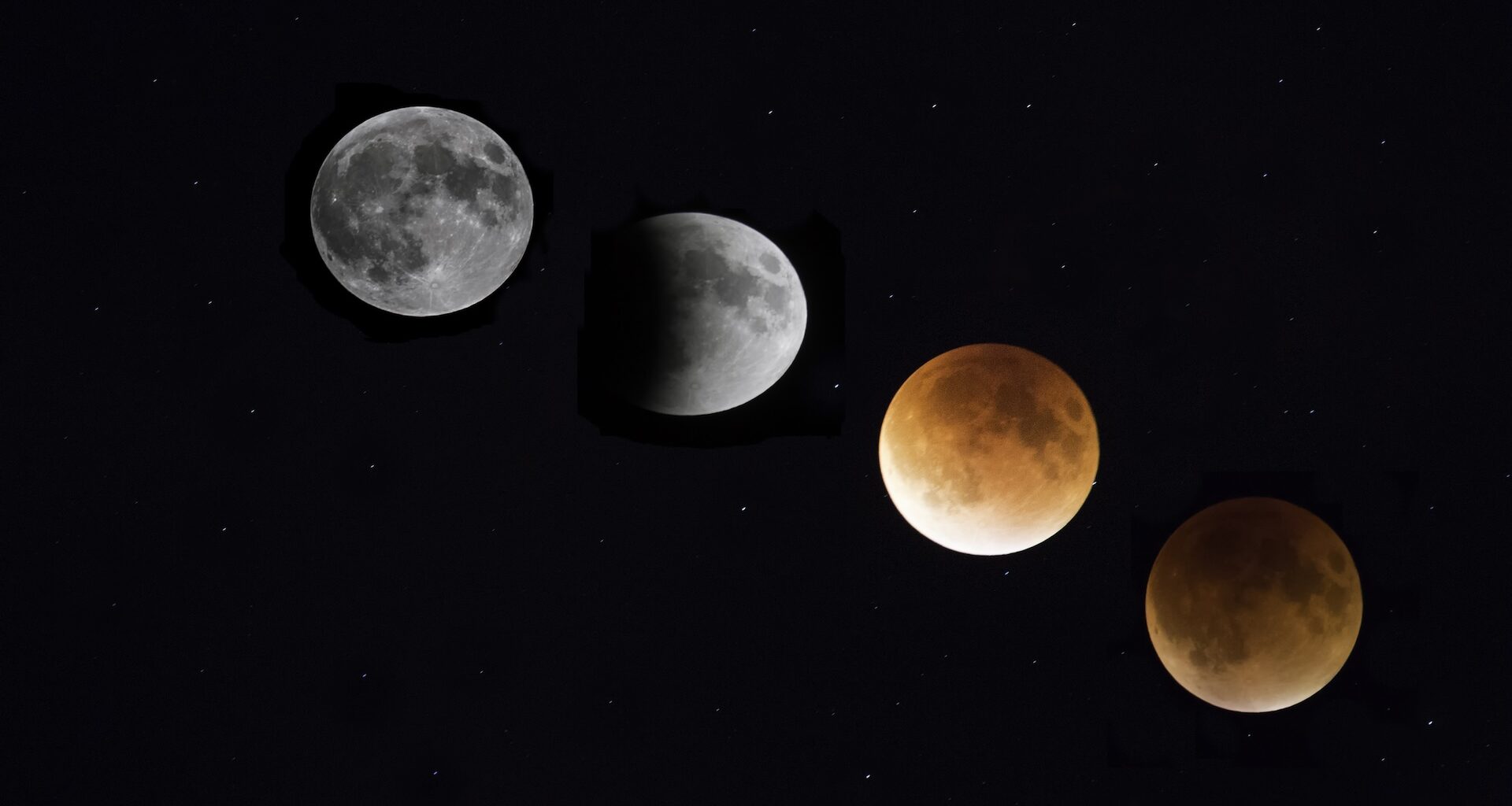 a composite image of the progression of a total lunar eclipse