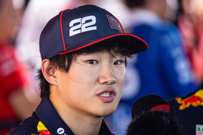 Close-up of Yuki Tsunoda in an interview