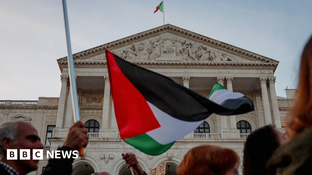 Blurred heads of people walking across the front/bottom of the screen with one of them holding a Palestinian flag which is centre and focus of the image in front of the Portuguese parliament in Lisbon which is a six columned grand neoclassical building with a white marble facade and a Portuguese flag on top