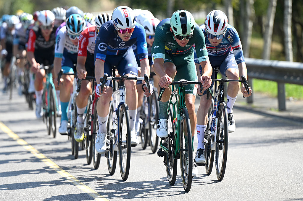 L'ANGLIRU, SPAIN - SEPTEMBER 05: (L-R) Mads Pedersen of Denmark and Team Lidl - Trek - Green Points Jersey and Gianmarco Garofoli of Italy and Team Soudal Quick-Step compete in the breakaway during the La Vuelta - 80th Tour of Spain 2025, Stage 13 a 203.7km stage from Cabezon de la Sal to L'Angliru 1556m / #UCIWT / on September 05, 2025 in L'Angliru, Spain. (Photo by Dario Belingheri/Getty Images)