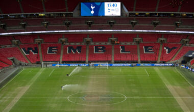 General view inside Wembley Stadium with the NFL logo still on the pitch prior to the Premier Leagu...