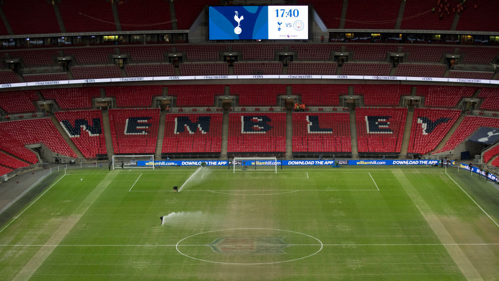 General view inside Wembley Stadium with the NFL logo still on the pitch prior to the Premier Leagu...