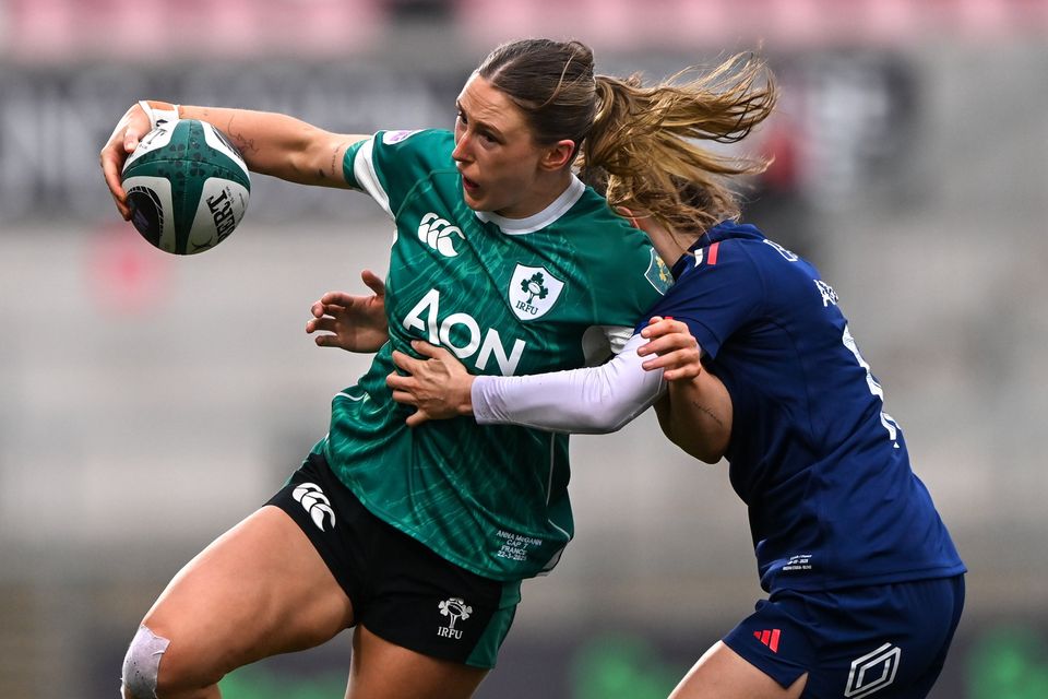 Ireland's Anna McGann is tackled by Carla Arbez of France during the sides' Women's Six Nations clash at Kingspan Stadium in Belfast. Photo: Ramsey Cardy/Sportsfile