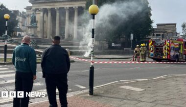 Two men stand and look across a road, in front of a zebra crossing. On the right is a fire engine. In the centre smoke pours from the pavement.