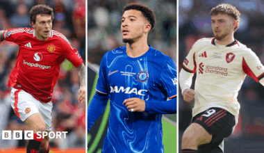 Split picture of Victor Lindelof playing for Manchester United, Jadon Sancho playing for Chelsea and Harvey Elliott playing for Liverpool