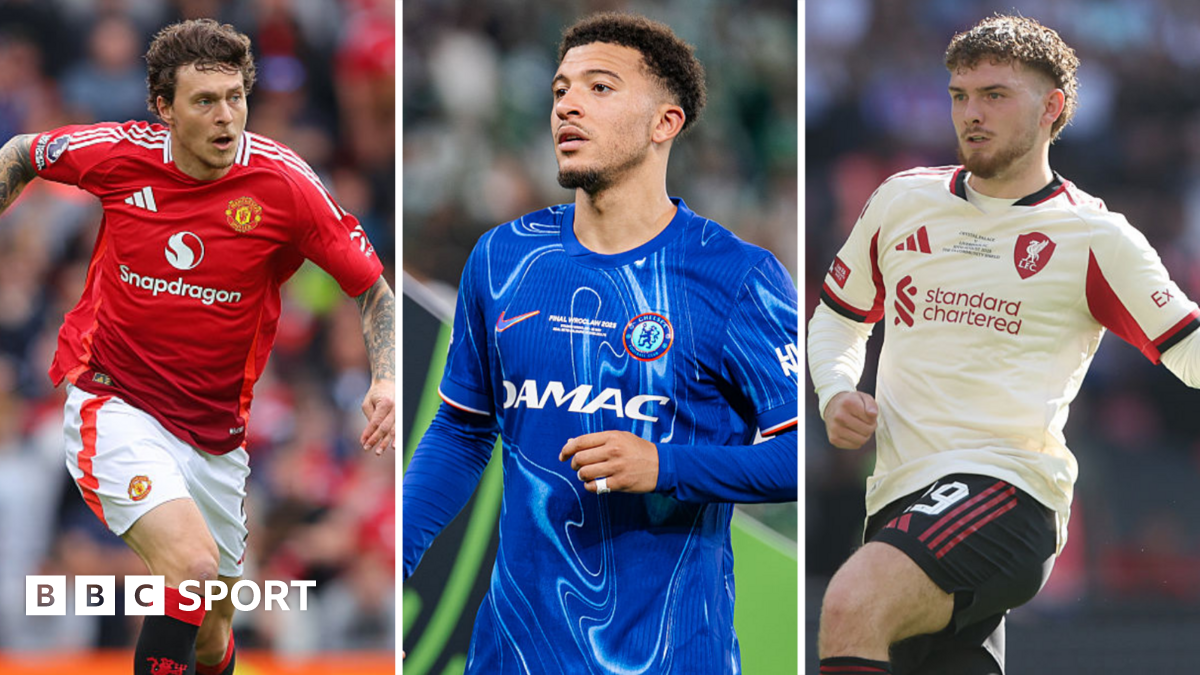 Split picture of Victor Lindelof playing for Manchester United, Jadon Sancho playing for Chelsea and Harvey Elliott playing for Liverpool