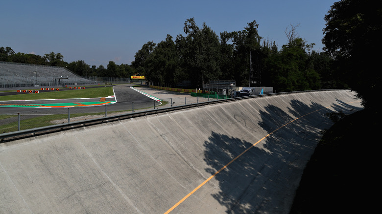 A general view of the old circuit banking during previews ahead of the Formula One Grand Prix of Italy at Autodromo di Monza on August 30, 2018 in Monza, Italy.