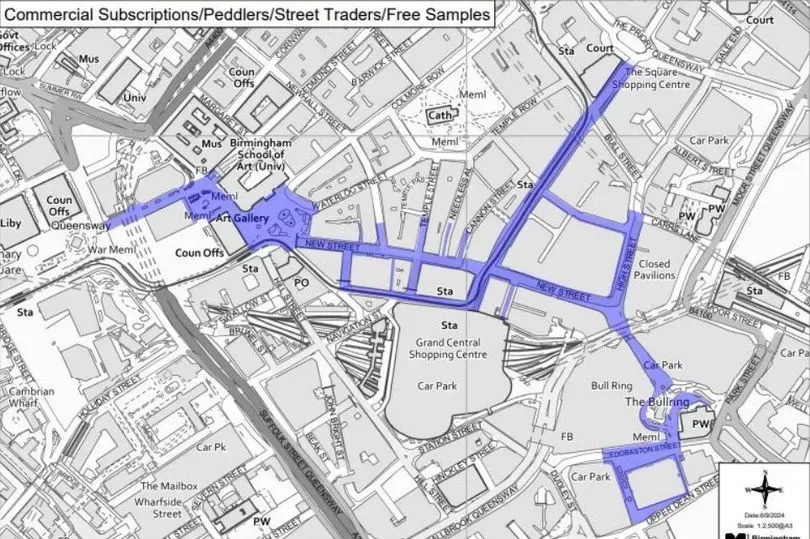 Areas of Birmingham city centre which would be covered by the PSPO designed to tackle activities such as illegal street trading and peddling. Taken from Birmingham City Council document included within public consultation.