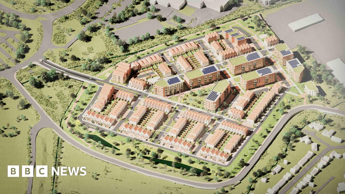 Artist's impression of an aerial shot of a housing development of 400 homes, showing road layouts, grassy areas, trees and pathways