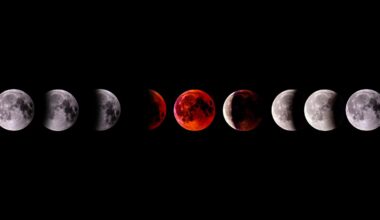 A sequence of eight images shows the phases of a lunar eclipse, transitioning from a full moon to a blood-red moon at totality, then back to a full moon against a black background.