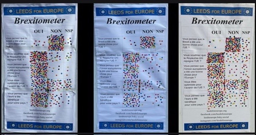 Leeds for Europe's Brexitometer chart of questions with stickers added by visitors