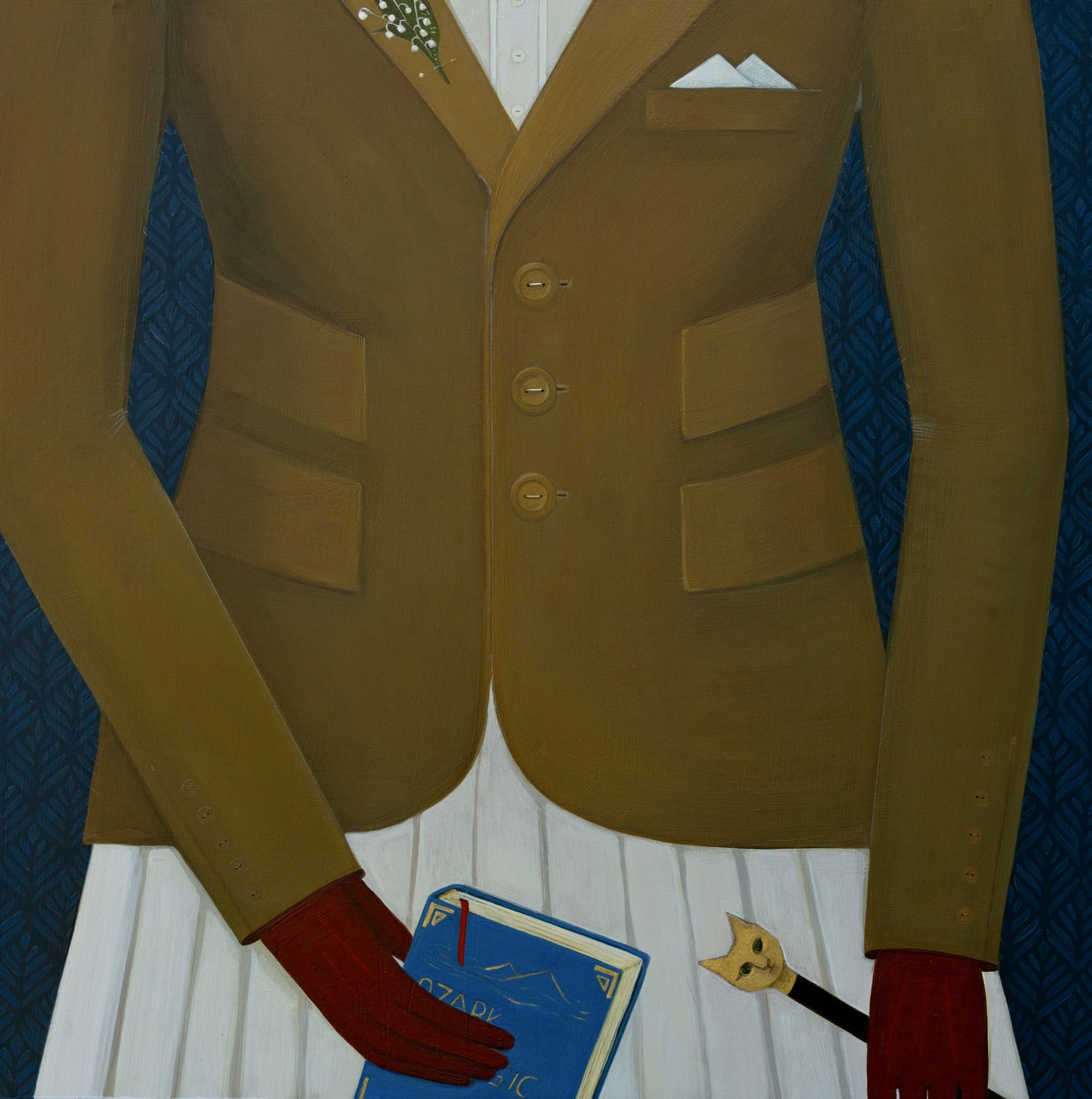 a painting by Angela Burson of a headless figure in a brown jacket, while skirt, and red gloves. she holds a blue book
