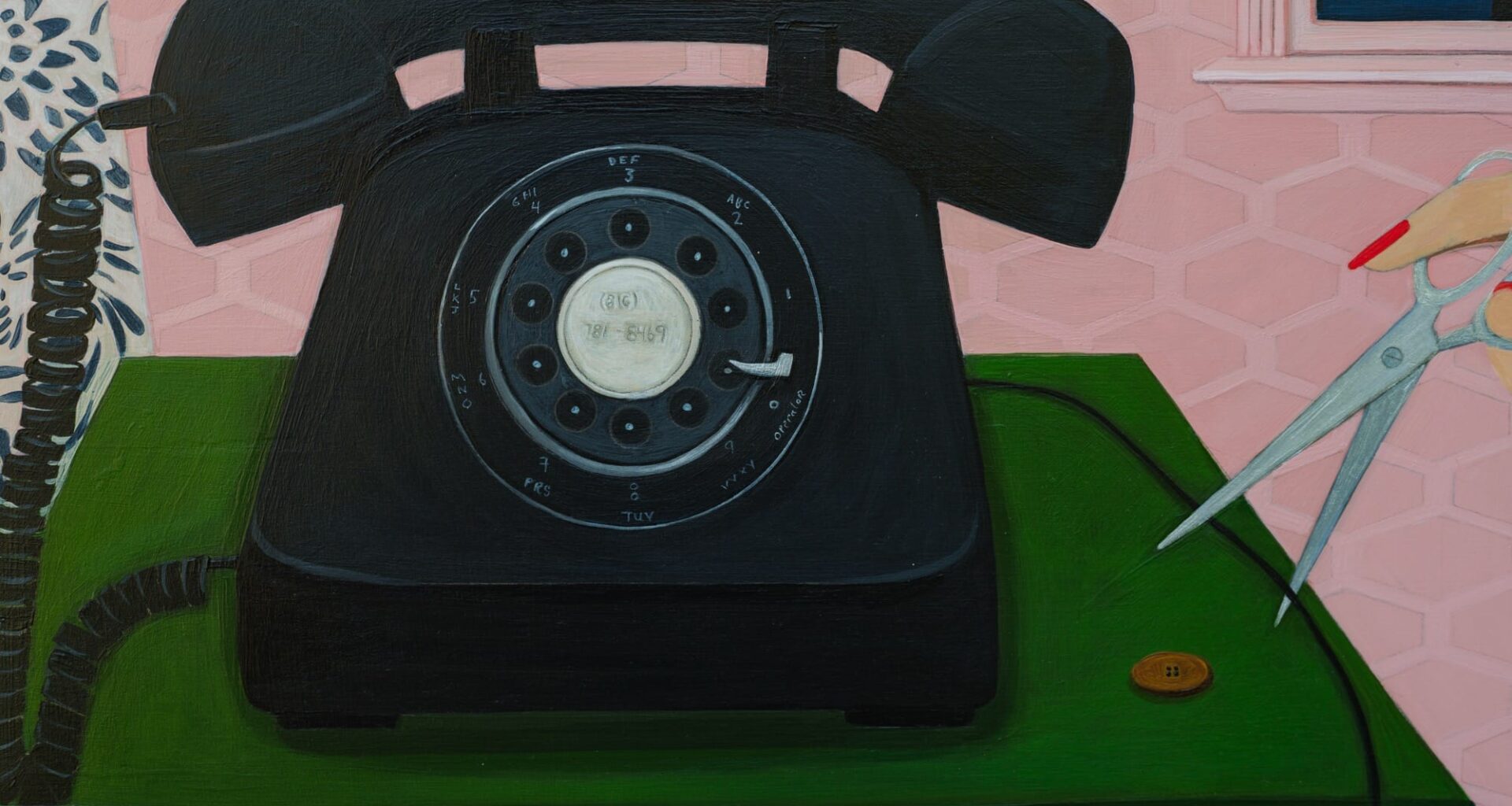 a black rotary phone sits on a green table and a hand reaches out with a scissors to cut the cord in a painting by Angela Burson